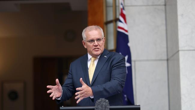 Prime Minister Scott Morrison met with the national security committee of cabinet on Ukraine, and then spoke to media at a press conference at Parliament House in Canberra. Picture: NCA NewsWire / Gary Ramage