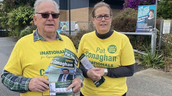 Nationals supporters Peter McFadyen and Liz Newberry at the Nambucca Heads Public School polling booth. Picture: Chris Knight