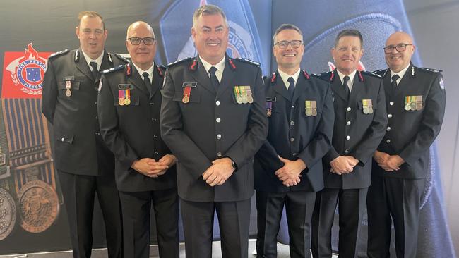 Mark Kennedy, Michael Morgan, Gavin Freeman, Gavin Rooney, Edward Lacko and Tony O’Day at the FRV Long and Good Service Awards Ceremony in Traralgon on Wednesday, November 27, 2024. Picture: Jack Colantuono