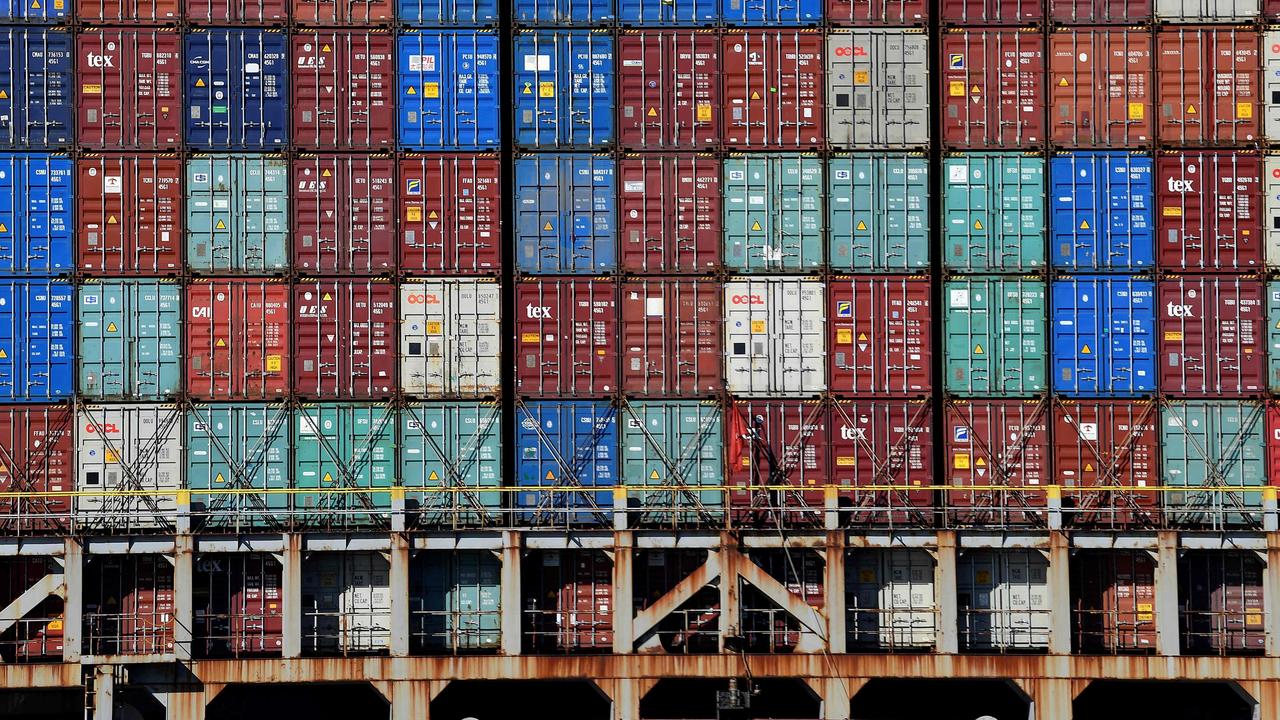 Containers are stacked on a cargo ship at Port Botany after the economy rebounded earlier this year. Picture: AFP