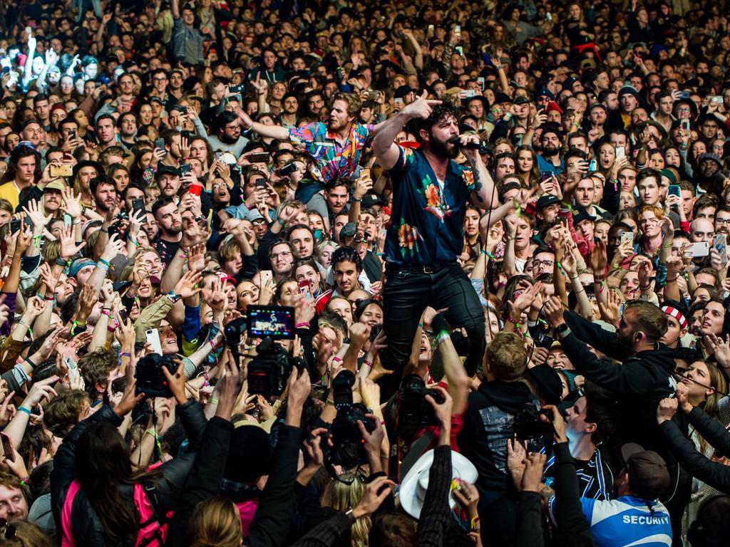 Foals front man Yannis Philippakis ventures out into the crowd during the band's set at Splendour in the Grass 2019. Supplied by SITG PR.