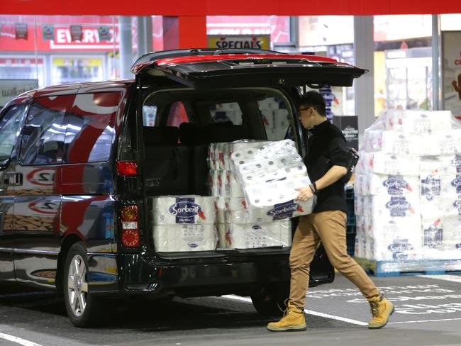 Pallets of Toilet Paper were delivered to the Coles Express petrol station at Parramatta Road, Five Dock. Picture: Bill Hearne