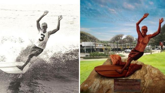 The proposed Midget Farrelly statue at Palm Beach would be based on an iconic photograph by Jack Eden of the world champion surfing in one of his classic stances. Picture: Jack Eden and Midget Farrelly Recognition Committee