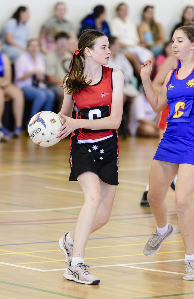 Bella Cusack of Our Lady of the Southern Cross College, Dalby in the Laura Geitz Cup netball carnival at The Glennie School, Sunday, March 16, 2025. Picture: Kevin Farmer