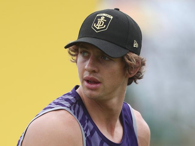 GOLD COAST, AUSTRALIA - MARCH 30: Nat Fyfe of the Fremantle Dockers looks on during a beach session at Kurrawa beach on March 30, 2019 in Gold Coast, Australia. (Photo by Chris Hyde/Getty Images)