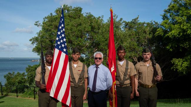 Cpl Simmons Cory, Sgt Mackey Valentino, Lord Mayor of Darwin Konstantine Vatskalis, Cpl Goldman III Alexander and LCpl Luzier Austin. Picture: Pema Tamang Pakhrin