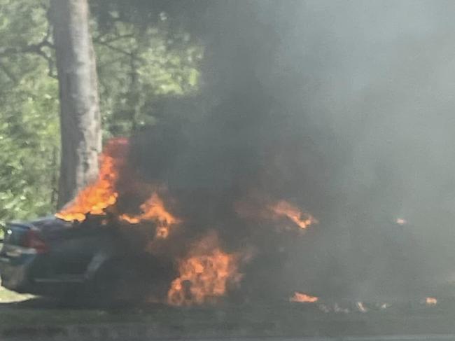 A photo of the car fire at Upper Coomera on Monday, posted to the Tamborine Mountain Disaster and Emergency Preparedness Facebook page.