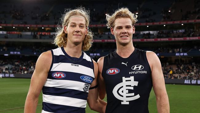 MELBOURNE. 16/07/2022 . AFL . Round 18. Carlton vs Geelong at the MCG . The De Koning brothers. Sam De Koning of the Cats and Tom De Koning of the Blues after todays game . Photo by Michael Klein