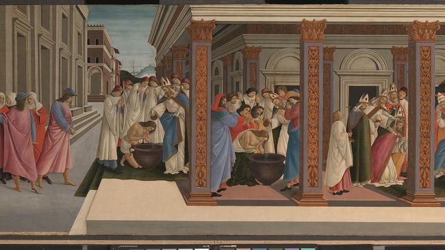 Sandro Botticelli (Italy c 1445–1510) Four scenes from the early life of Saint Zenobius c 1500, tempera on wood, 66.7 x 149.2 cm, The National Gallery, London. Picture: Supplied.