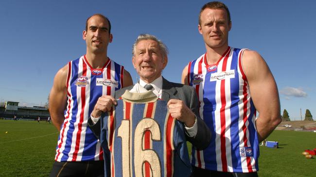 <span id="U61700188848m6G" style="font-weight:normal;font-style:normal;">In 2003, players Matthew Croft (left) and Chris Grant (right) sport a heritage strip similar to the Robert Sainsbury played in for the club in 1935. Picture: News Corp Australia</span>