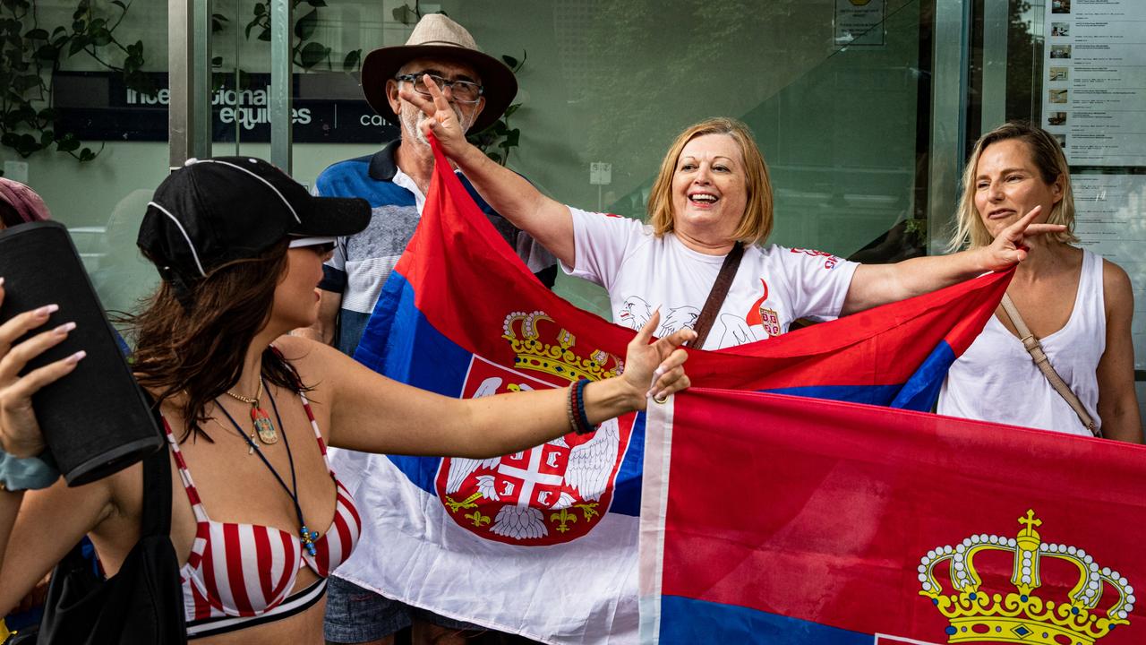 Supporters gather outside Park Hotel where Novak Djokovic was taken, pending his removal from the country. Picture: Getty Images