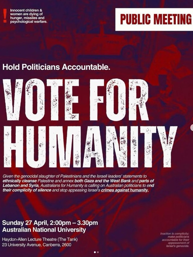 A flyer promoting the anti-Israel event organised by the Palestine Action Group in Canberra. Source: Instagram