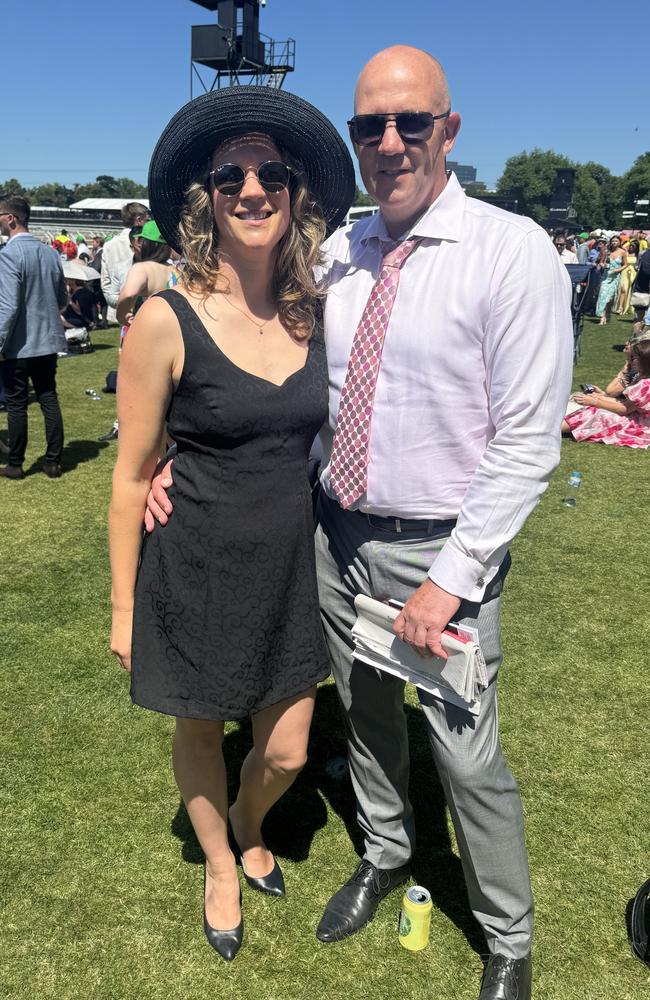 Phina Goerlach and Shane Garner at the Melbourne Cup at Flemington Racecourse on November 5, 2024. Picture: Phillippa Butt