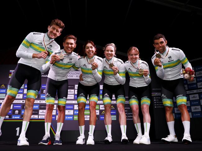 Georgia Baker (third from left) after helping Australia to bronze in the time trial mixed relay at the world championships in Wollongong in 2022. (Photo by Con Chronis/Getty Images)