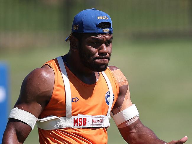 Maika Sivo during Parramatta Eels rugby league training at Old Saleyards Reserve, Parramatta. Picture: Brett Costello