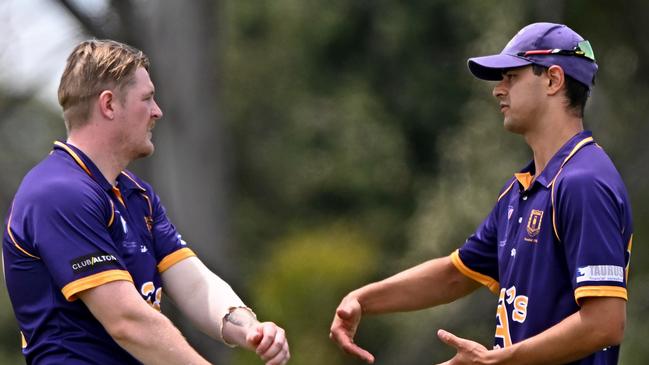 AltonaÃs Callum Hands and Ben Davies during the VSDCA Altona v Taylors Lakes cricket match in Altona, Saturday, Jan. 6, 2024. Picture: Andy Brownbil