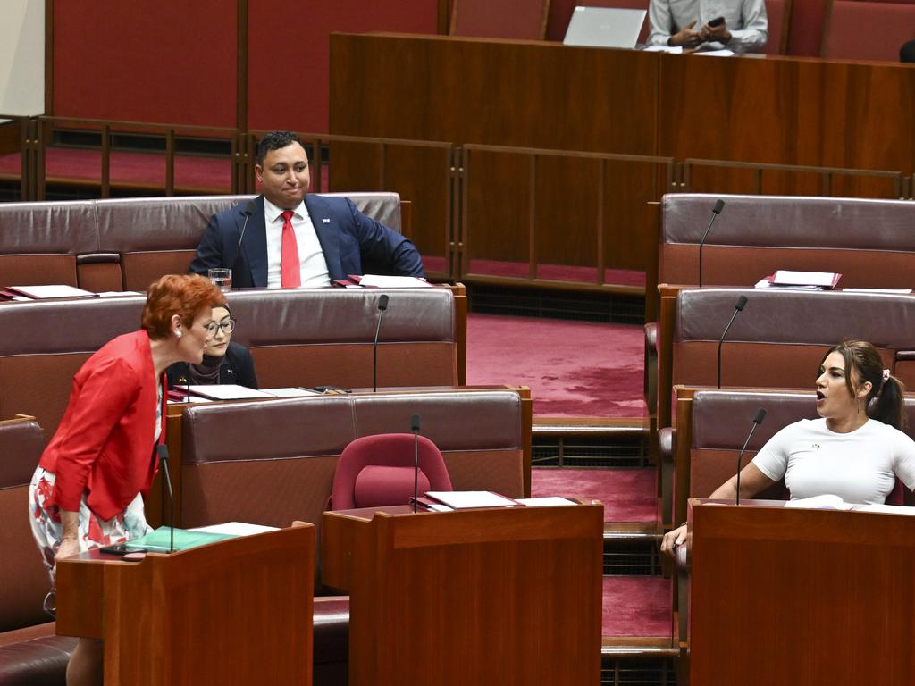 Pauline Hanson and Lidia Thorpe exchange words at Parliament House. Picture: NewsWire / Martin Ollman