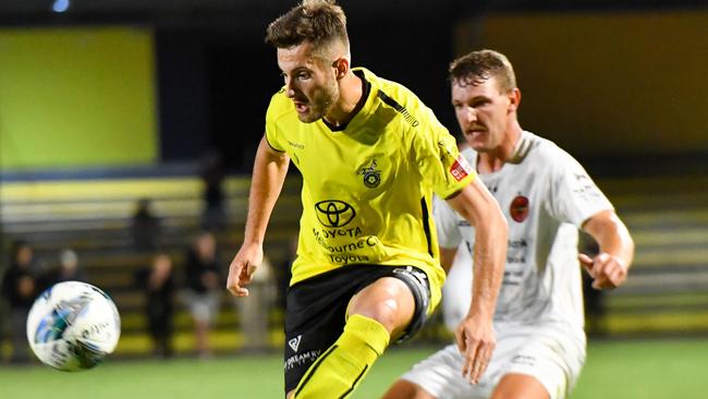 Kaine Sheppard in action for Heidelberg United. Picture: Sally Tsalikidis