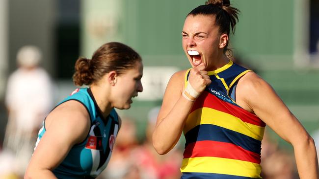 ADELAIDE, AUSTRALIA - SEPTEMBER 02: Ebony Marinoff of the Crows celebrates a goal during the 2023 AFLW Round 01 match between the Adelaide Crows and the Port Adelaide Power at Norwood Oval on September 02, 2023 in Adelaide, Australia. (Photo by Sarah Reed/AFL Photos via Getty Images)