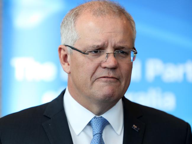 Prime Minister Scott Morrison speaks to the media at the South Australian Liberal party Annual General Meeting at the Adelaide Convention Centre in Adelaide, Saturday, August 17, 2019.  (AAP Image/Kelly Barnes) NO ARCHIVING