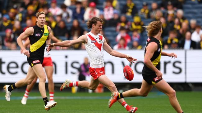 Nick Blakey was back in full flight as he tore the Tigers to shreds. (Photo by Morgan Hancock/AFL Photos/via Getty Images)