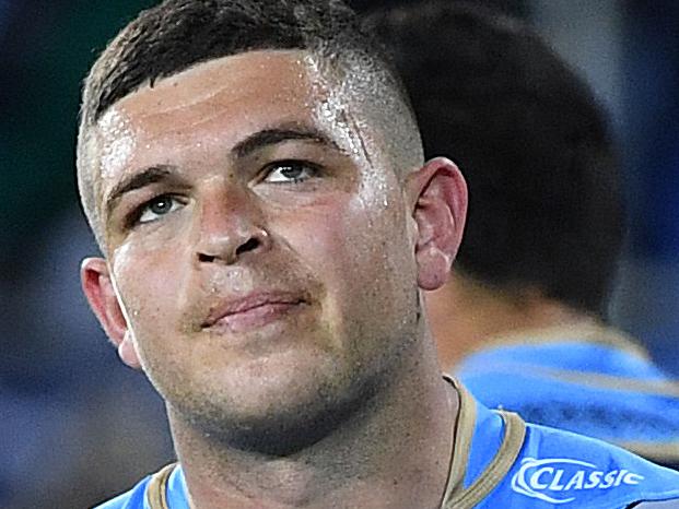 Ashley Taylor of the Titans reacts following the Round 17 NRL match between the Gold Coast Titans and the Brisbane Broncos at Cbus Super Stadium in Robina on the Gold Coast. Sunday, July 8, 2018. (AAP Image/Dave Hunt) NO ARCHIVING, EDITORIAL USE ONLY