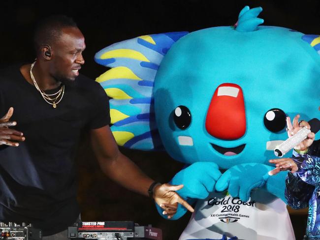 GOLD COAST, AUSTRALIA - APRIL 15:  Anthony Callea and Usain Bolt during the Closing Ceremony for the Gold Coast 2018 Commonwealth Games at Carrara Stadium on April 15, 2018 on the Gold Coast, Australia.  (Photo by Scott Barbour/Getty Images)***BESTPIX***