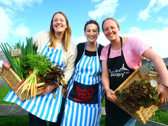 Katharine Burke, Alice Bennett and Eloise Emmett launched a Bream Creek Farmers Market cookbook in 2013. Picture: Luke Bowden