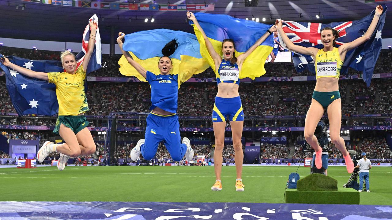 If anyone knows how to jump for joy it’s these Olympic champions: from left, joint bronze medallists Australia's Eleanor Patterson and Ukraine's Iryna Gerashchenko, gold medallist Ukraine's Yaroslava Mahuchikh and silver medallist Australia's Nicola Olyslagers. Picture: Andrej Isakovic/AFP