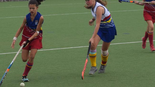 Gympie hosted the 2021 Under 13 Girls State hockey championships over the last four days, with Brisbane teams taking out two of the three division titles. Aryel Bisseling takes possession. Pictures: Josh Preston