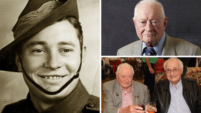 The last Rat of Tobruk, Tom Pritchard, left and top right, who died aged 102 on the weekend. Bottom right: Pritchard, left, and best mate Alf Jackson at Tobruk House in Melbourne in 2019.