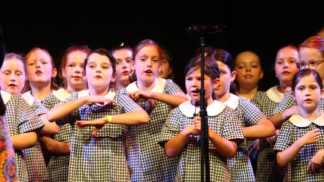 St Thomas Primary School students performing at the Geelong Schools Music and Movement Festival. Picture: Alison Wynd