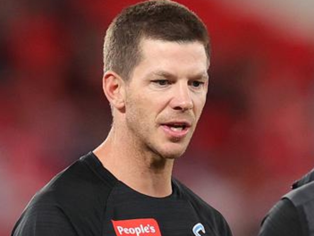 MELBOURNE, AUSTRALIA - DECEMBER 29: Tim Paine, Assistant Coach of the Strikers looks on during the BBL match between Melbourne Renegades and Adelaide Strikers at Marvel Stadium, on December 29, 2023, in Melbourne, Australia. (Photo by Kelly Defina/Getty Images)