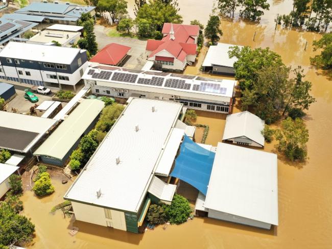 An aerial shot of One Mil School at the peak of the flood on Sunday, February 27, 2022 taken by Infinity Flights Photography.