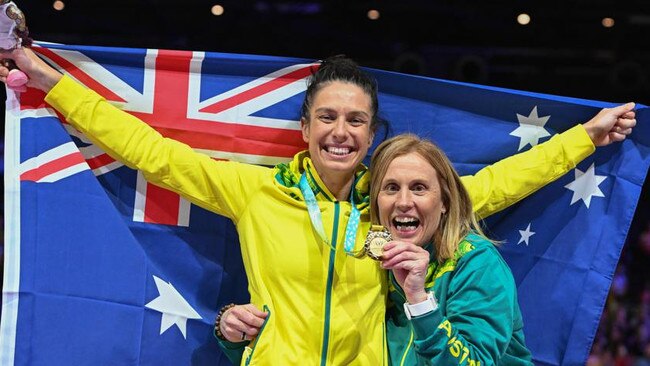 Ash Brazill (L) of Team Australia with Assistant Coach Nicole Richardson (R) celebrate after winning the Final match between Jamaica and Australia on day ten of the Birmingham 2022 Commonwealth Games, Photo: Getty Images