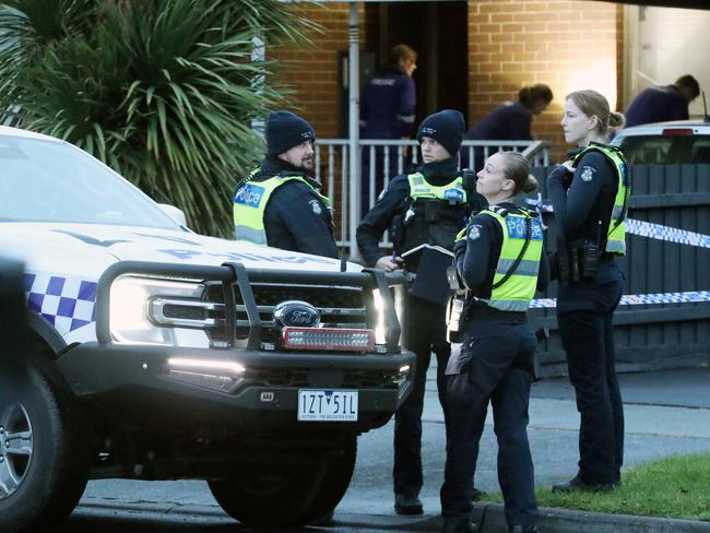 Police and forensics at an address in Thomastown where a man has been fatally stabbed. Friday, July 12. 2024. Picture: David Crosling