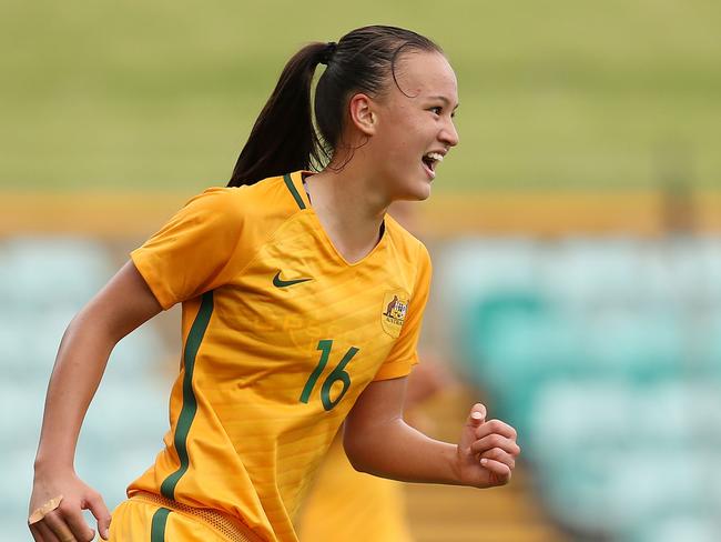 SYDNEY, AUSTRALIA - MARCH 16: Amy Sayer of Australia celebrates scoring a goal during the International match between the Young Matildas and Thailand at Leichhardt Oval on March 16, 2018 in Sydney, Australia. (Photo by Jason McCawley/Getty Images)