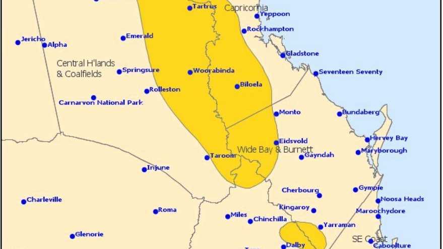 WARNING MAP: This is the latest warning map issued at 6.25pm showing the shifting thunderstorm threat to CQ. Picture: Bureau of Meteorology