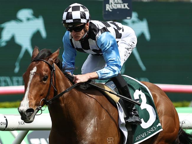 SYDNEY, AUSTRALIA - OCTOBER 05: Chad Schofield riding Bel Merci wins Race 3 Keeneland Gimcrack Stakes during Sydney Racing at Royal Randwick Racecourse on October 05, 2024 in Sydney, Australia. (Photo by Jeremy Ng/Getty Images)