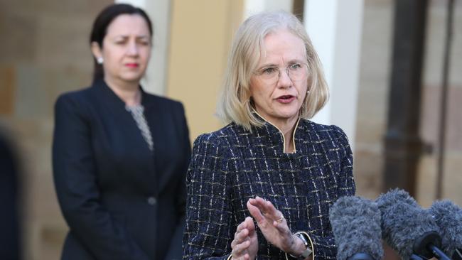 Queensland Chief Health Officer Dr Jeannette Young shadowed by Premier Annastacia Palaszczuk at a press conference. Picture: Annette Dew