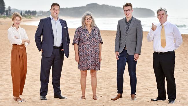 Candidates for the seat of Mackellar (l-r) Alice Thompson (independent), Jason Falinski (Liberal), Pru Wawn (Greens), Declan Steele (Labor) and David Lyon (United Australia Party) on Narrabeen Beach. Picture: Troy Snook