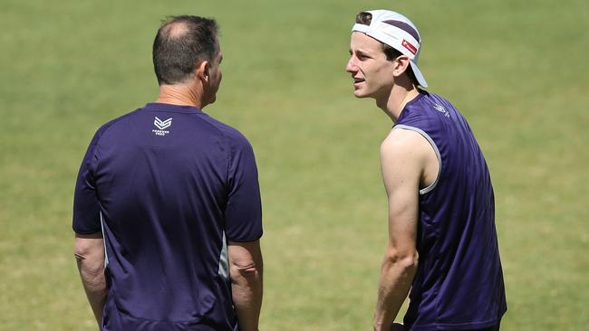 Ross Lyon talks with new recruit Sam Sturt. Pic: Getty Images