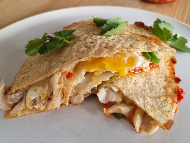 Melissa Leong completely inauthentic, but super tasty, chicken and chilli breakfast quesadilla. Picture: Supplied