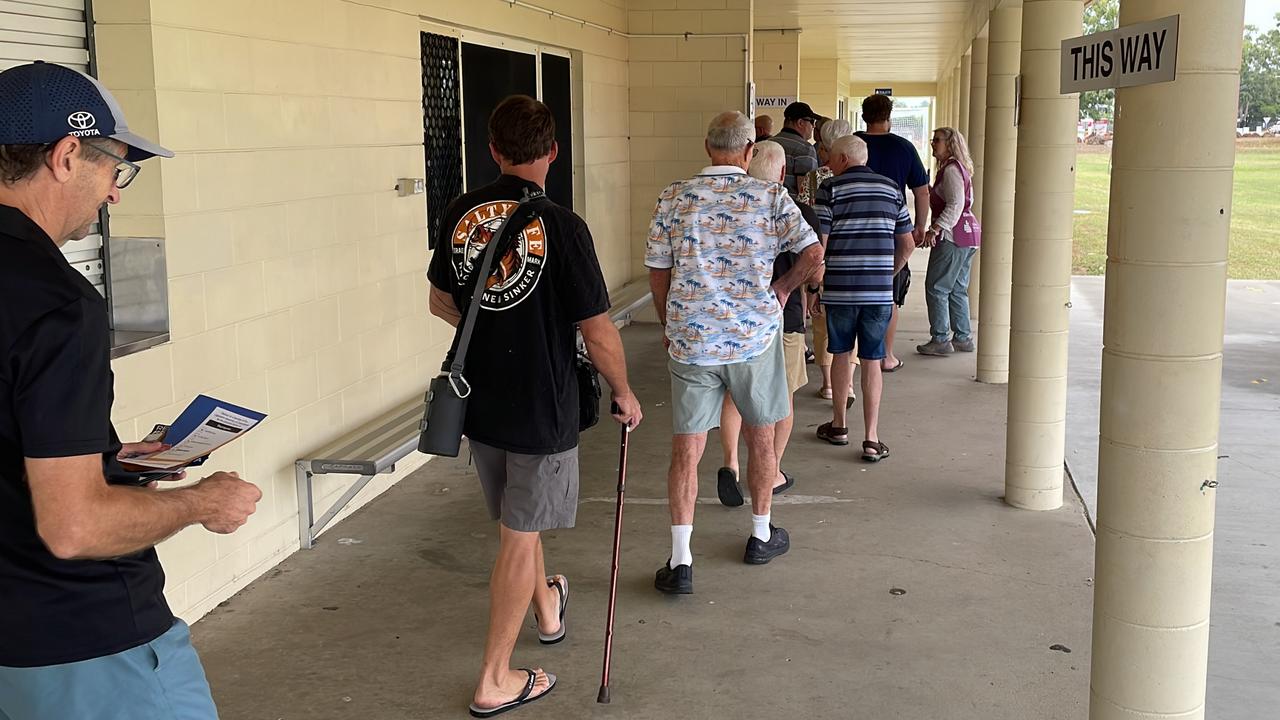 Voters queue at the prepolling booth at Greenwood Park Sporting Complex in Thuringowa just as it opens.