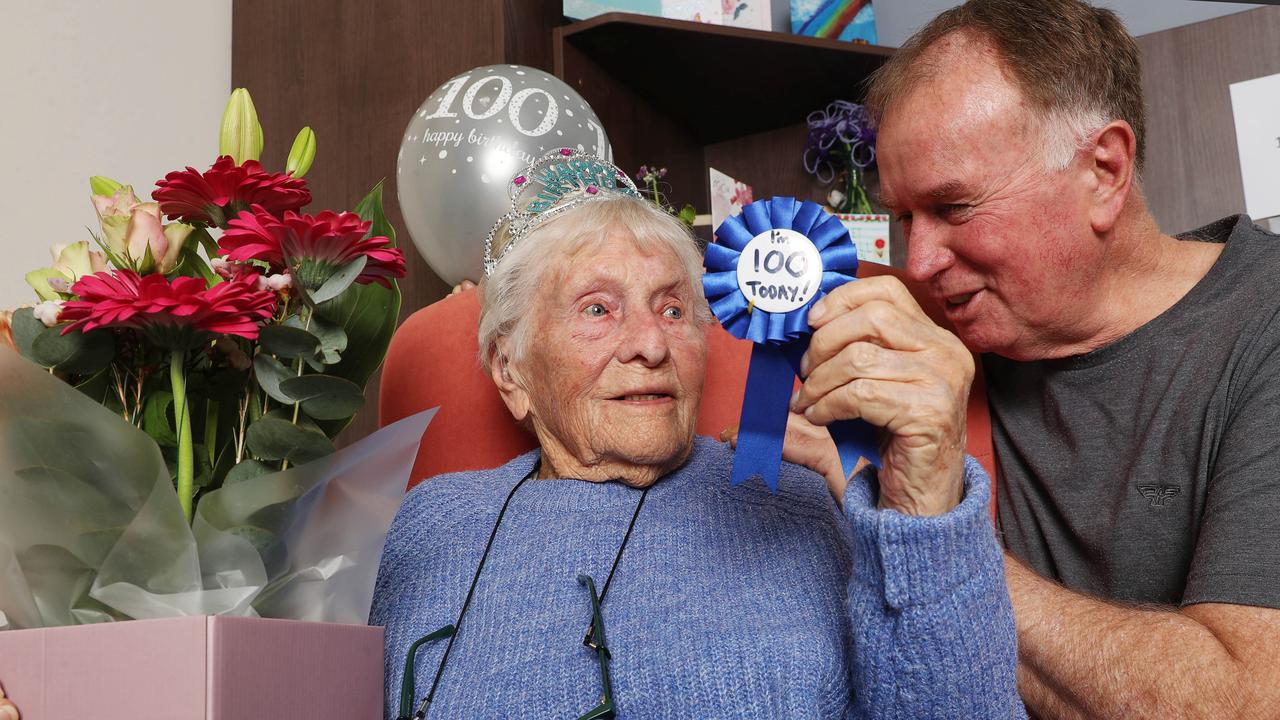 Christina Beekhof shares some laughs and stories with her son Bob on her 100th birthday. Picture: Alan Barber