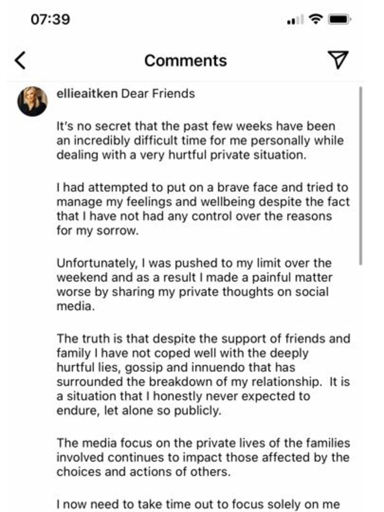 Ellie Aitken posted a lengthy message to Instagram.