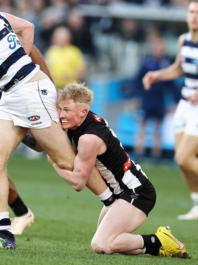 Collingwood’s pressure was the reason it held the lead for 91 minutes of Saturday’s game. Picture: Michael Klein