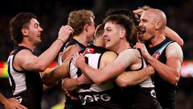 Robbie Gray of the Power celebrates a Showdown goal. Picture: James Elsby