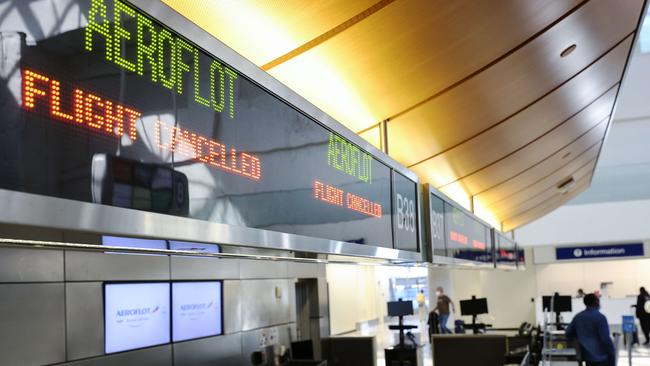 A sign reads ‘flight cancelled’ at the Aeroflot check-in counter in the Tom Bradley International Terminal at Los Angeles International Airport after President Joe Biden announced a ban on Russian aircraft in US airspace. Picture: AFP