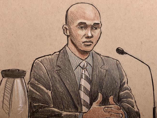 Courtroom sketch of Mohamed Noor sitting trial today. Sketch: Cedric Hohnstadt